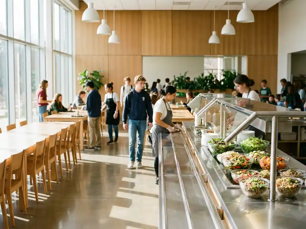 schoolkantine-moderne-gezonde-maaltijden-leerlingen.jpg Moderne schoolkantine met roestvrijstalen toonbanken vol kleurrijke salades, natuurlijk licht door grote ramen op betonnen vloeren