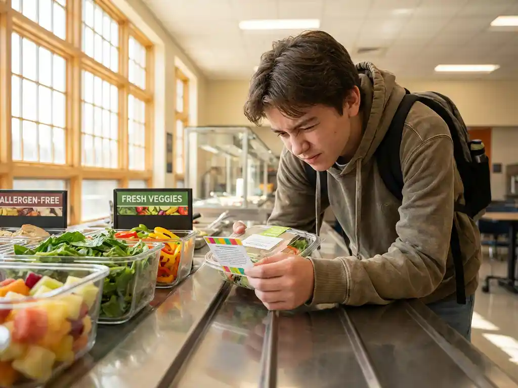 Student bestudeert ingrediëntenlabels op lunchverpakkingen in moderne schoolkantine met verse groenten en allergeenvrije maaltijden