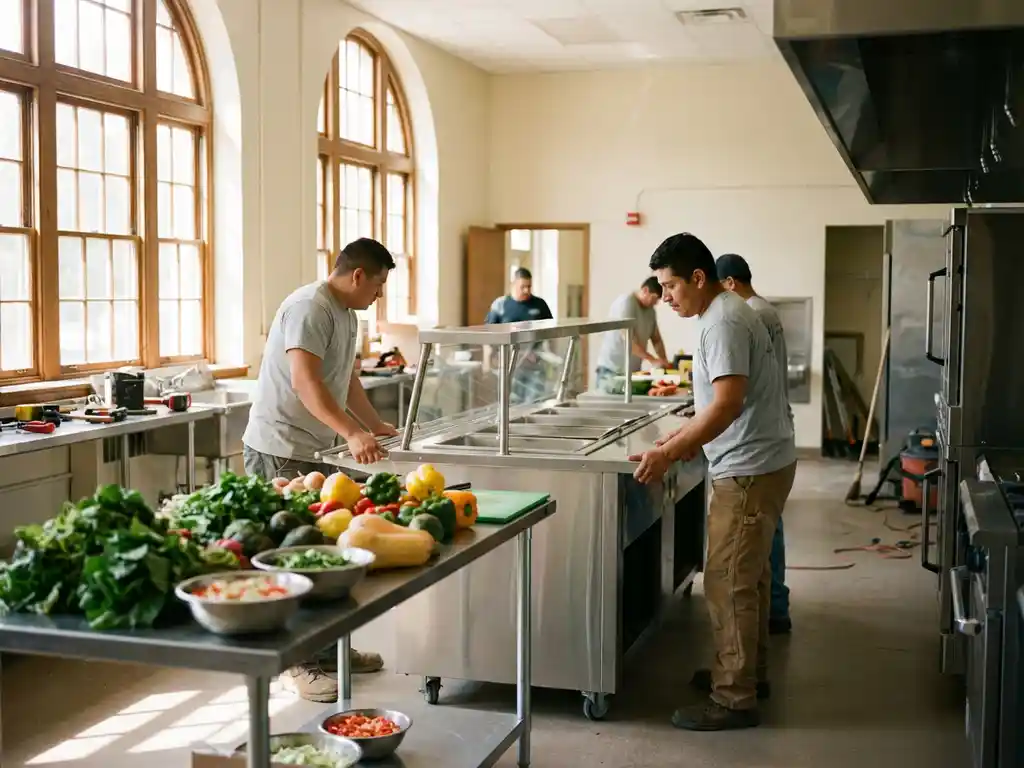Schoolkantine keuken tijdens renovatie met werknemers die roestvrijstalen apparatuur installeren tussen verse groenten op aanrechtbladen