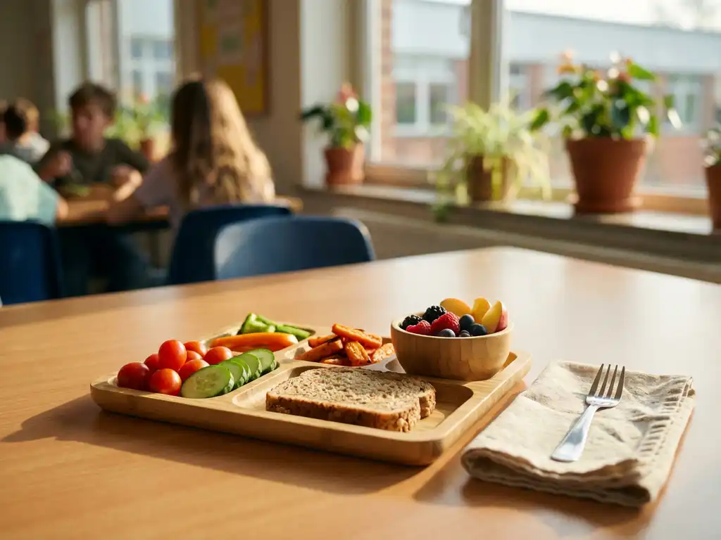 Verse schoollunch met kleurrijke biologische groenten, volkoren brood en seizoensfruit op bamboe cafetariatafel