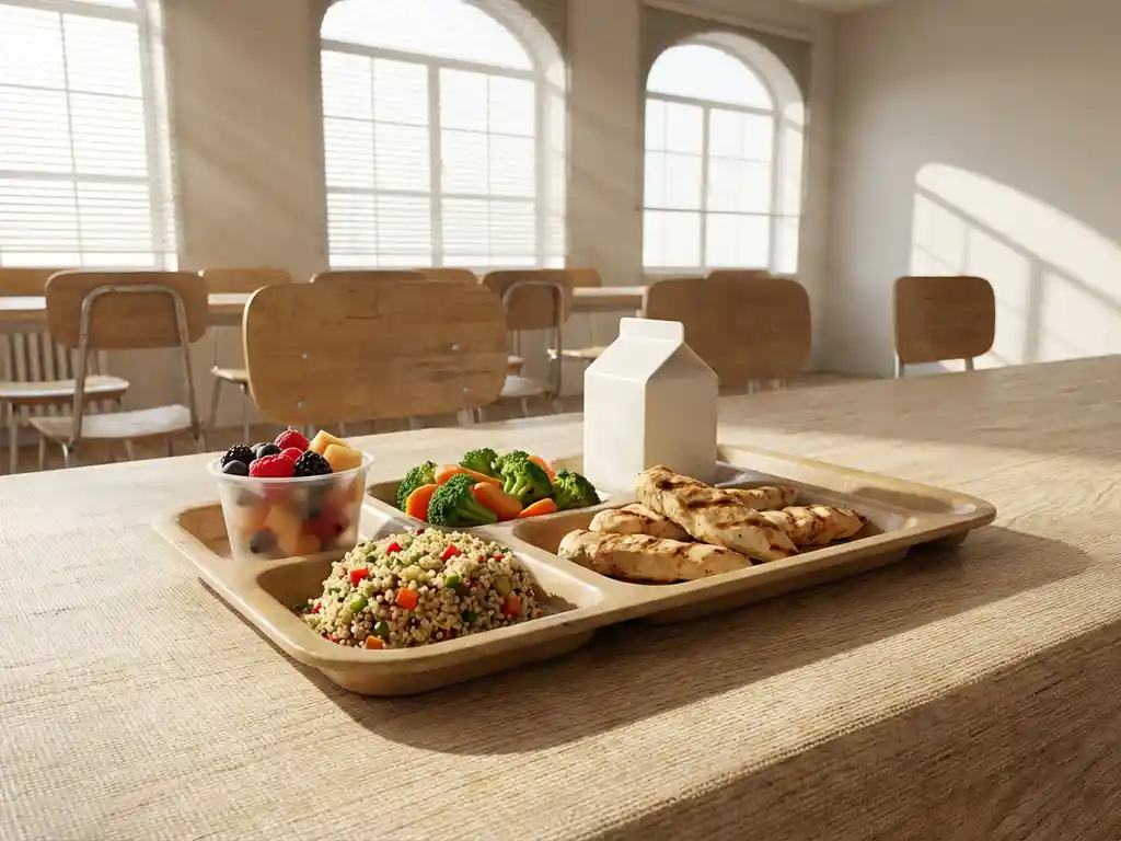 Schoolkantine dienblad met gegrilde kip, quinoa salade, gestoomde groenten en vers fruit op houten tafel bij raam