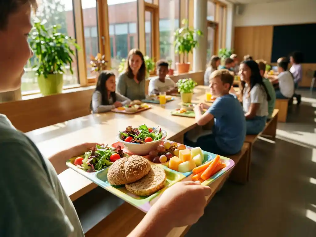 schoolmaaltijd-gezonde-voeding-cafetaria-leerlingen.jpg Schoollunch dienblad met verse groenten, volkoren brood en fruit in handen van leerling in moderne schoolkantine
