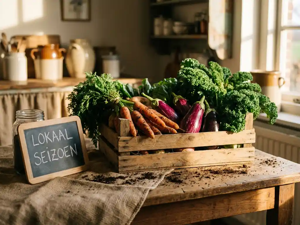 Houten krat vol verse seizoensgroenten met wortelen, aubergine en boerenkool op boerderijtagel bij keukenraam