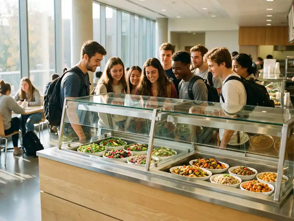 Diverse universiteitsstudenten bekijken verse, kleurrijke maaltijdopties in glazen vitrines van moderne campuscafé