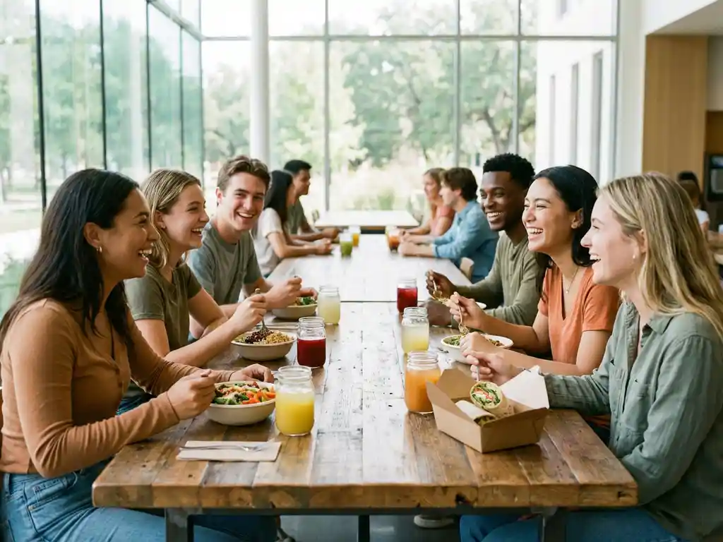Diverse universiteitsstudenten eten gezonde maaltijden aan houten tafel in moderne campuscafetaria met natuurlijk licht