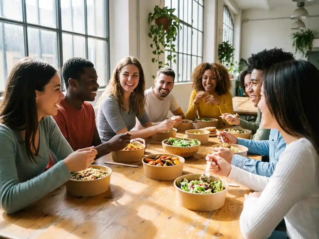 Diverse universiteitsstudenten delen kleurrijke gezonde maaltijdbowls aan houten cafetariatafel bij natuurlijk licht