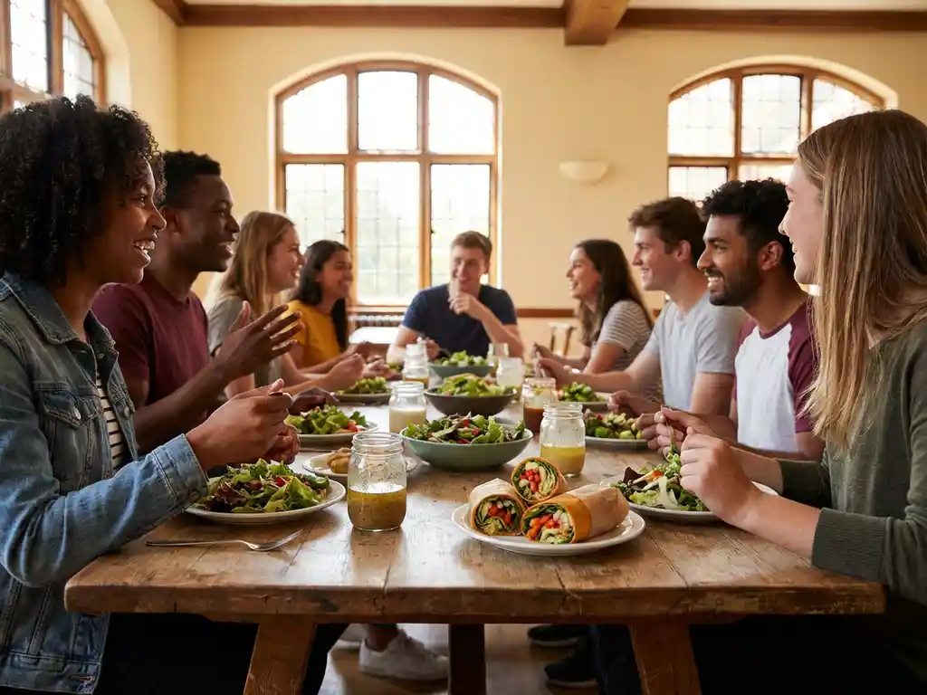 Diverse universiteitsstudenten genieten van kleurrijke salades en wraps aan houten cafetariatafel in natuurlijk licht