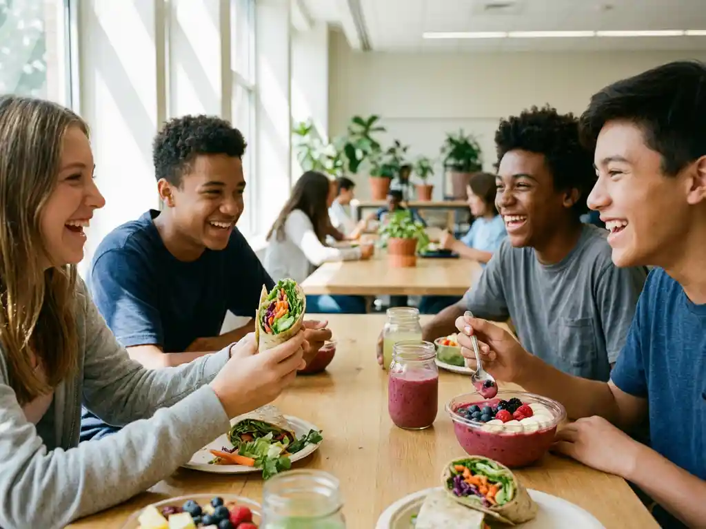 Tieners lachen terwijl ze kleurrijke wraps en smoothie bowls delen in moderne schoolkantine met natuurlijk daglicht