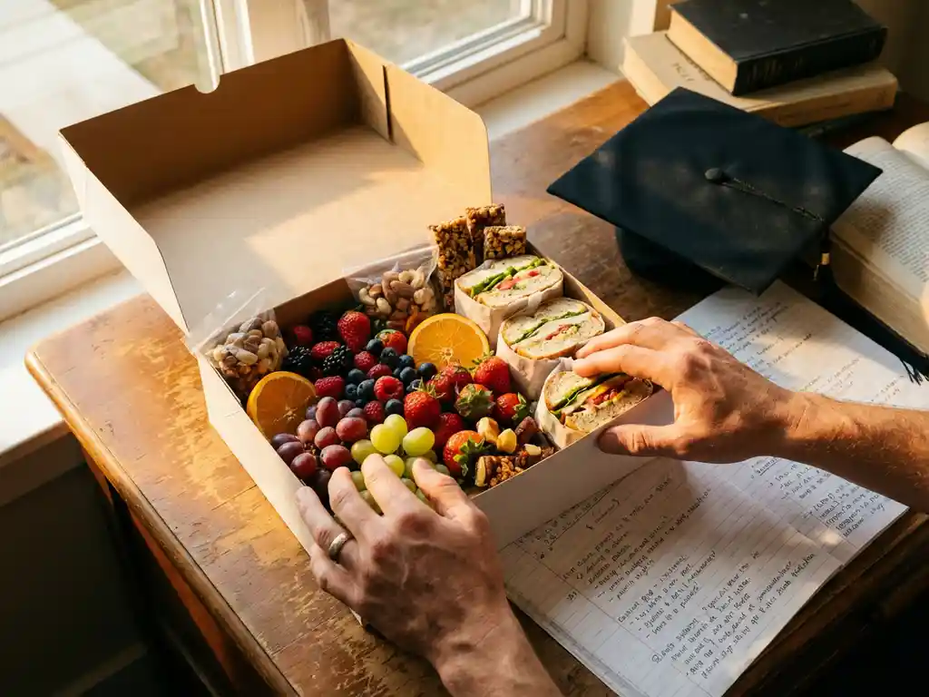 Verrassingspakket met verse vruchten en gezonde snacks op houten bureau naast afstudeerpet en examenaantekeningen
