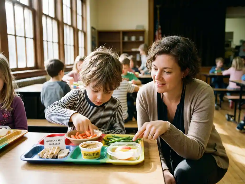 Kind onderzoekt kleurrijke lunchtray terwijl leraar allergeenvrije voedselopties aanwijst in heldere schoolkantine