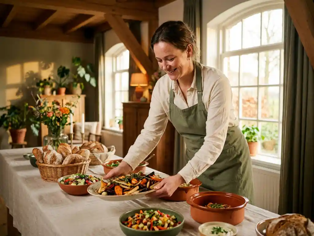Cateringmedewerker schikt seizoensgerechten op een linnen gedekte buffettafel met groenten en ambachtelijk brood in een warm Nederlands interieur.