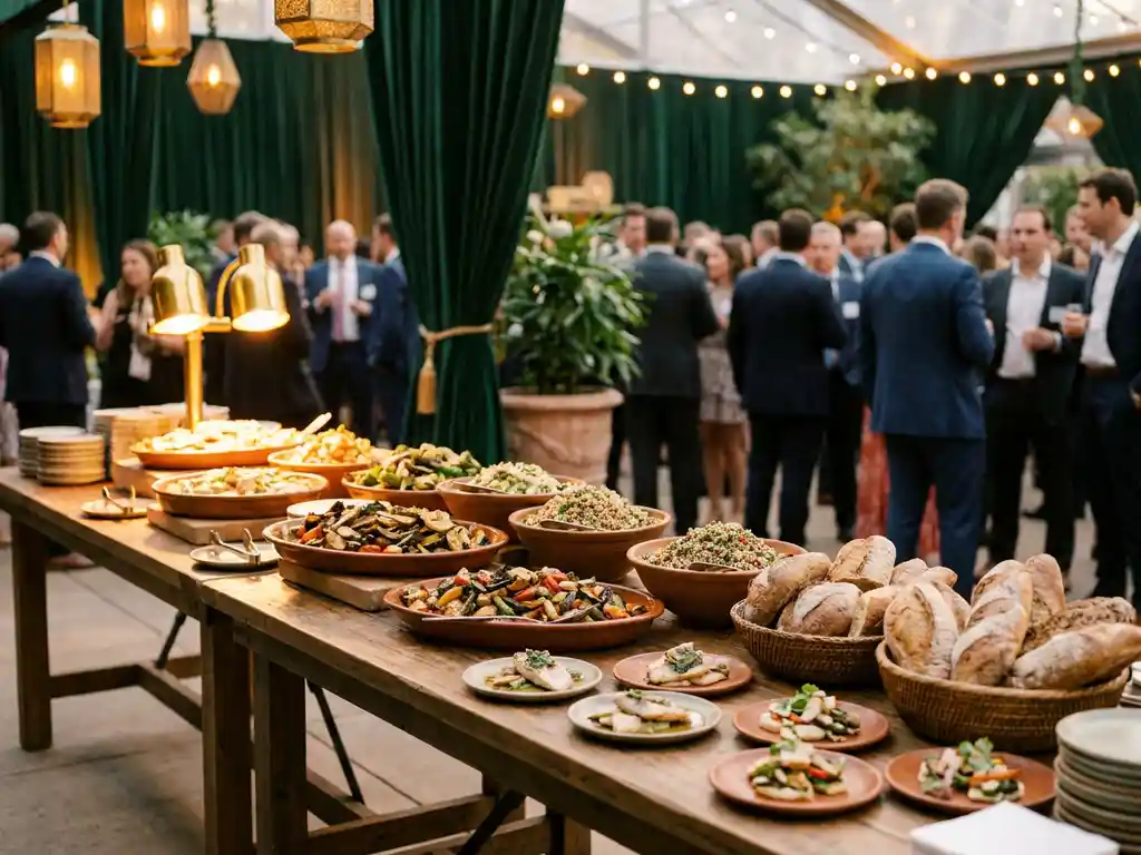 Feestelijk gedekte buffettafel met kleurrijke seizoensgerechten, verse salades en ambachtelijk brood op een bedrijfsevenement.