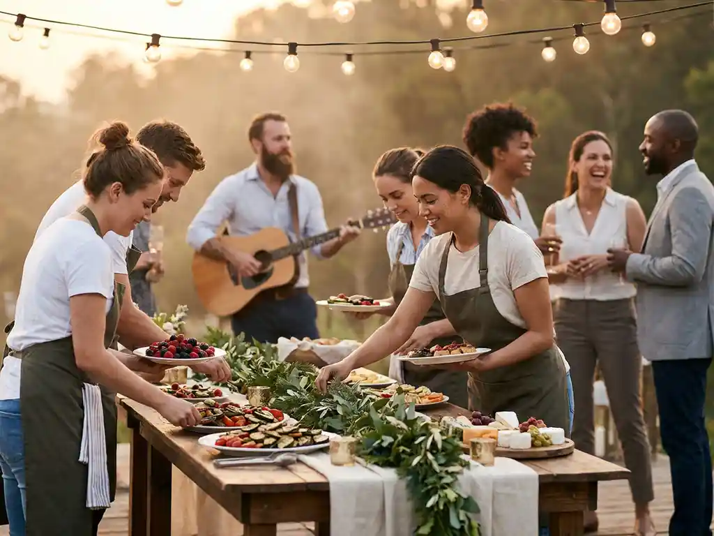 Cateringteam schikt kleurrijke hapjesschalen op feestelijk gedekte tafels, met een akoestische gitarist en collega's op de achtergrond.