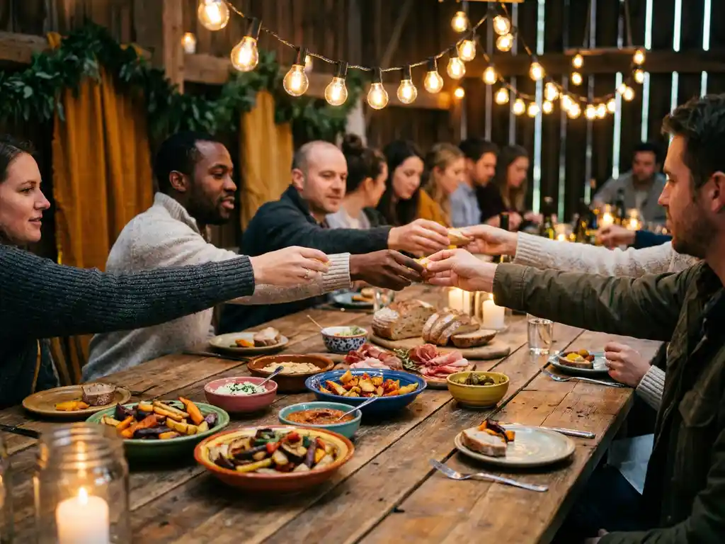 Rustieke houten feesttafel vol kleurrijke tapas, seizoensgroenten en ambachtelijk brood, verlicht door kaarsen en slingerlampen.