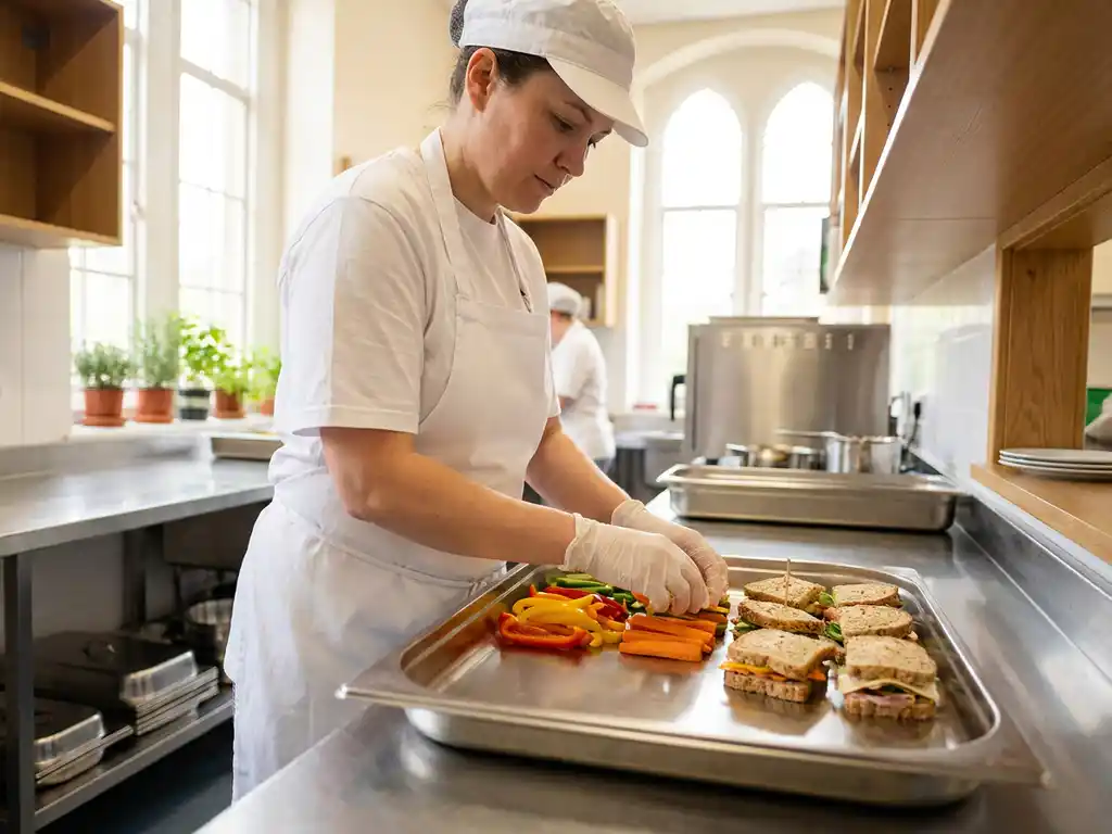 Cateringmedewerker in wit schort schikt verse groenten en volkoren sandwiches op roestvrijstalen dienblad in lichte schoolkeuken.