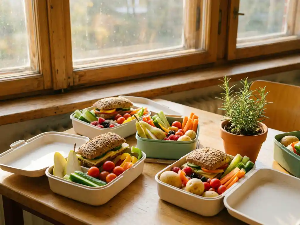 Kleurrijke gezonde lunchboxen met verse groenten, volkoren sandwiches en seizoensgebonden Nederlandse producten op een licht houten tafel.