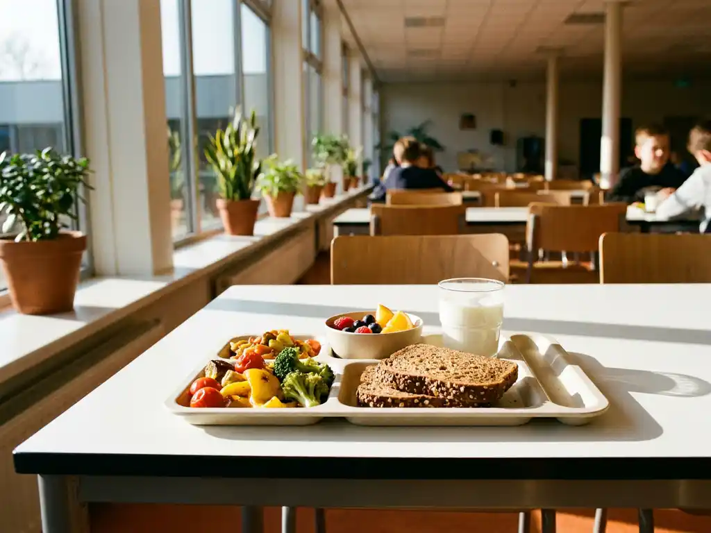 Gezonde schoollunch op dienblad met groenten, volkorenbrood en vers fruit in een moderne Nederlandse kantine.