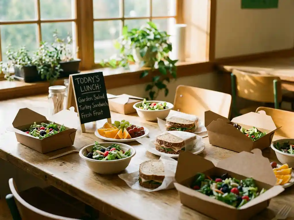 Kleurrijke schoollunch met salades, volkoren sandwiches en fruit in composteerbare verpakking op een cafetariatafel, verlicht door natuurlijk licht.
