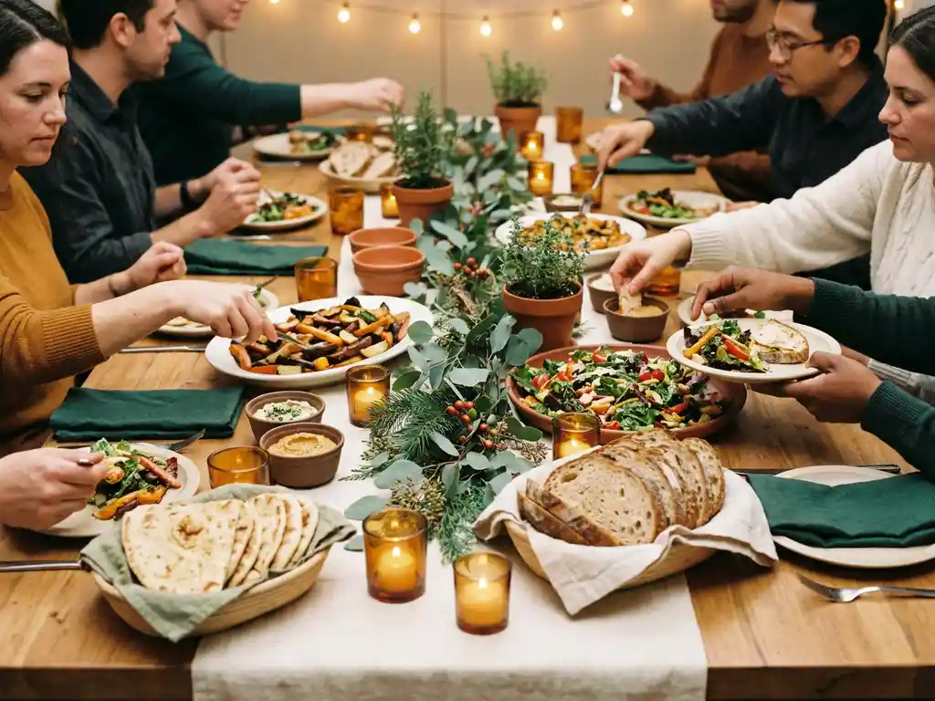 feestelijk-personeelsfeest-gedeelde-tafel.jpg Feestelijke personeelspartytafel met seizoensgerechten, ambachtelijk brood en groenten bij kaarslicht, collega's reiken naar gedeelde schalen.