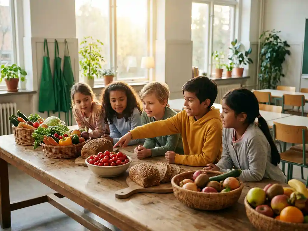 Schoolkinderen buigen zich over een tafel met verse groenten, volkorenbrood en seizoensproducten; een kind wijst enthousiast naar een kom kerstomaten.