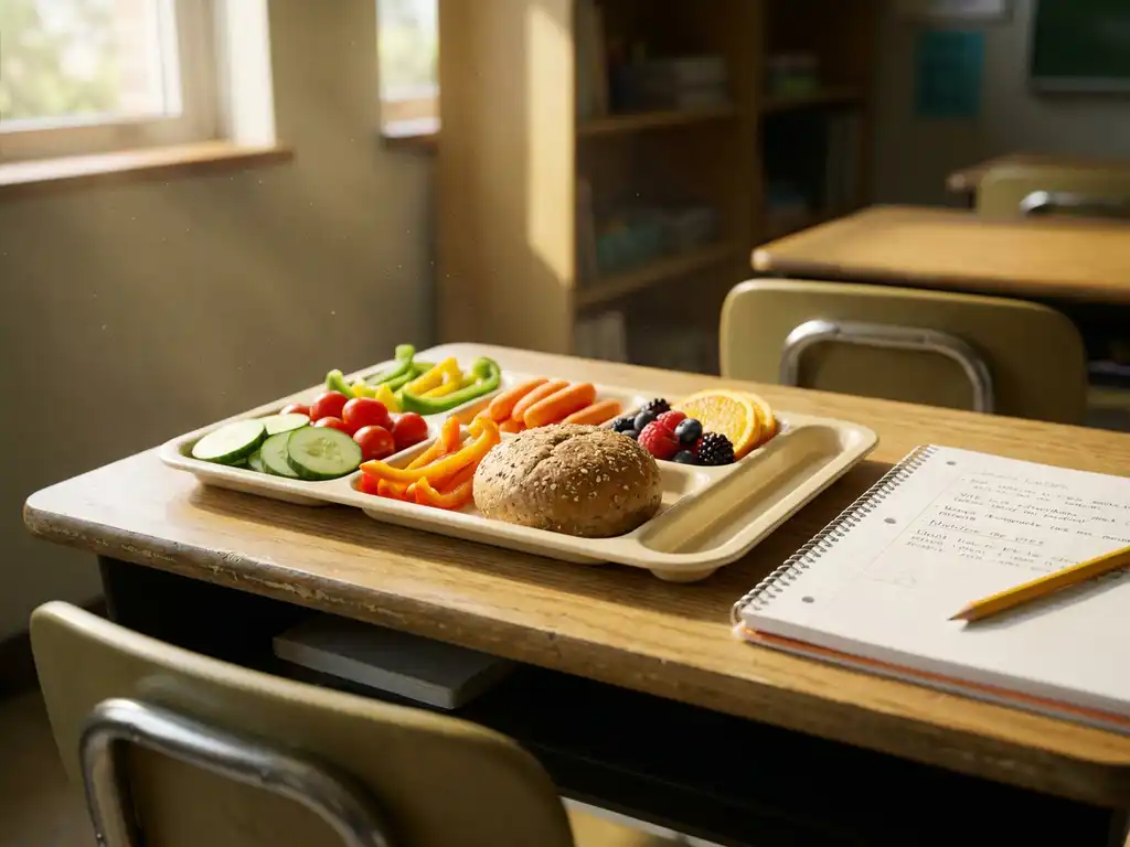 Schoollunchblad met verse groenten, volkoren brood en fruit op een klaslokaal tafel naast een open notitieboek.