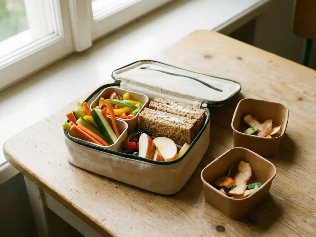 schoollunchbox-groenten-volkoren-duurzaam.jpg Ingepakte schoollunchbox met groenten, volkoren brood en vers fruit op een houten tafel, naast composteerbare bakjes.