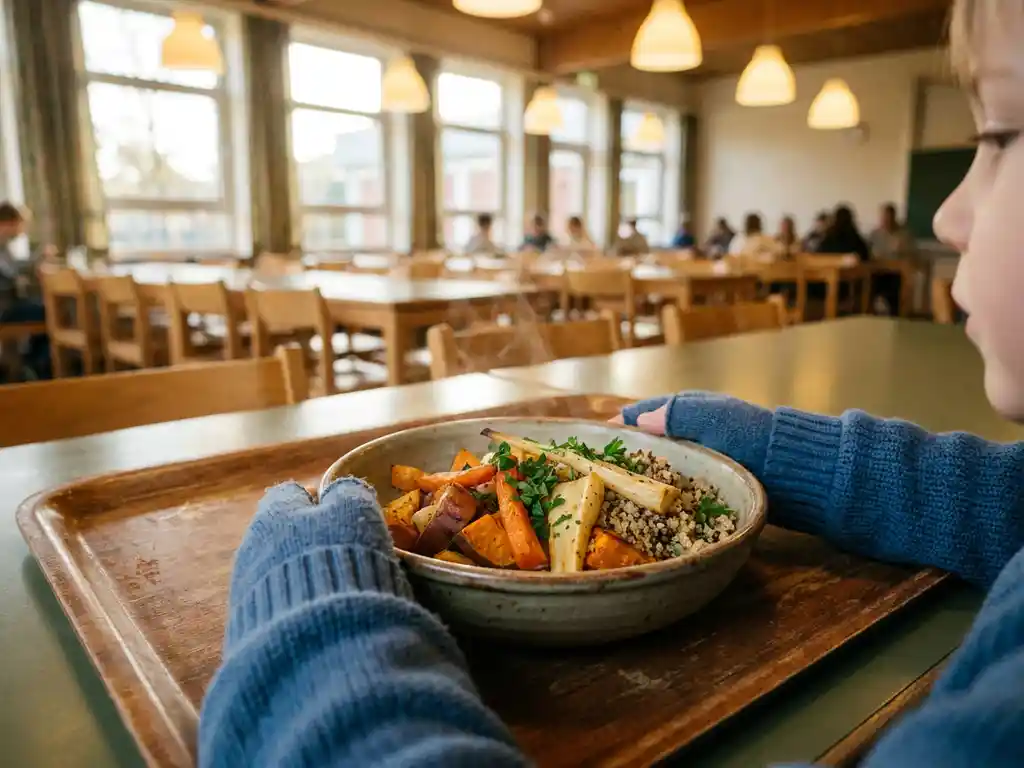 Kinderhanden houden een houten dienblad vast met een dampende schoollunch van geroosterde groenten, granen en verse kruiden.