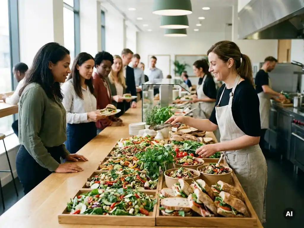 Bedrijfskantine met kleurrijke salades, graanbowls en broodjes op houten dienbladen, bediend door een cateraar aan kantoormedewerkers.
