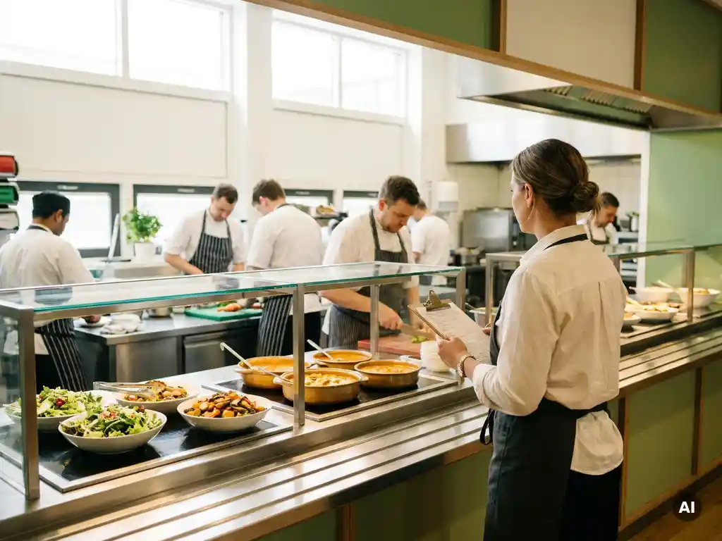 Cateringmanager met klembord inspecteert een verzorgde bedrijfskantine met kleurrijke salades en warme gerechten op de serveertoonbank.