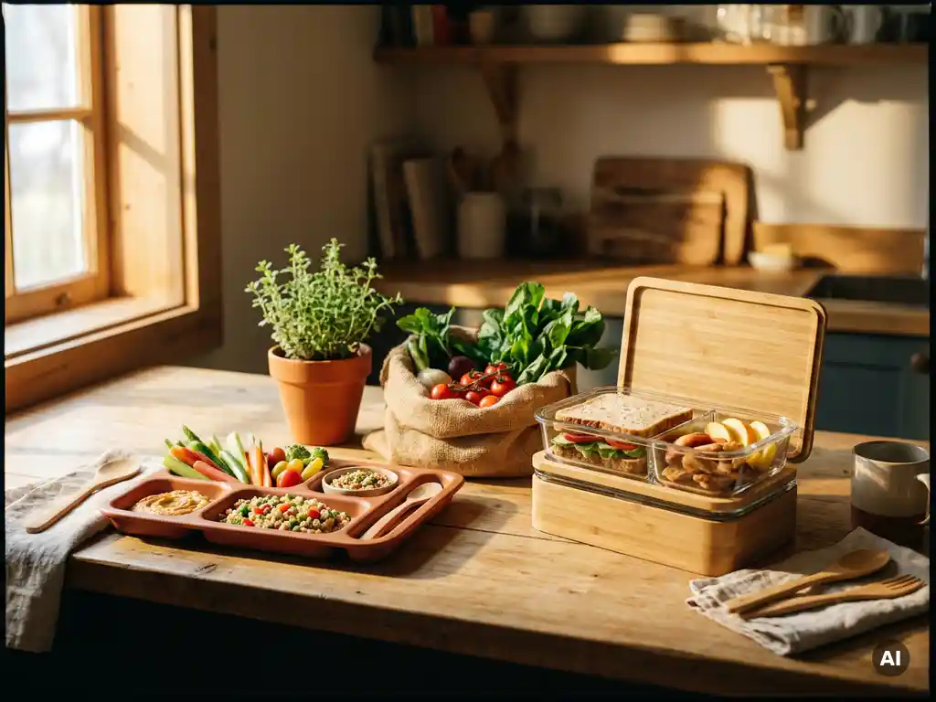 Kantoorkeuken met dagelijkse lunchopstelling: portievakjes met verse groenten naast modulaire lunchbox, lokale ingrediënten, warm terracottalicht.