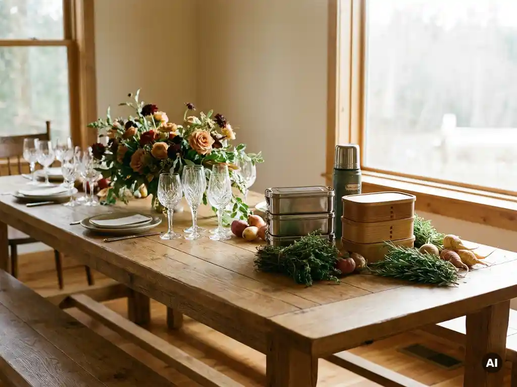 Lange eiken communal tafel met elegante eventglasware en bloemstuk aan één eind, stapellunchboxen en thermosfles aan het andere, verse kruiden en groenten ertussen.