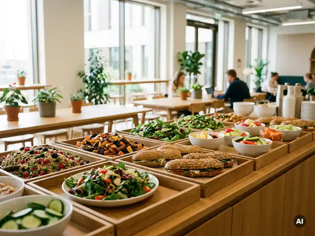 Zelfbedieningskantine met verse kleurrijke salades, volkoren sandwiches en seizoensgroenten in houten displaybakken, moderne werkplek op achtergrond.