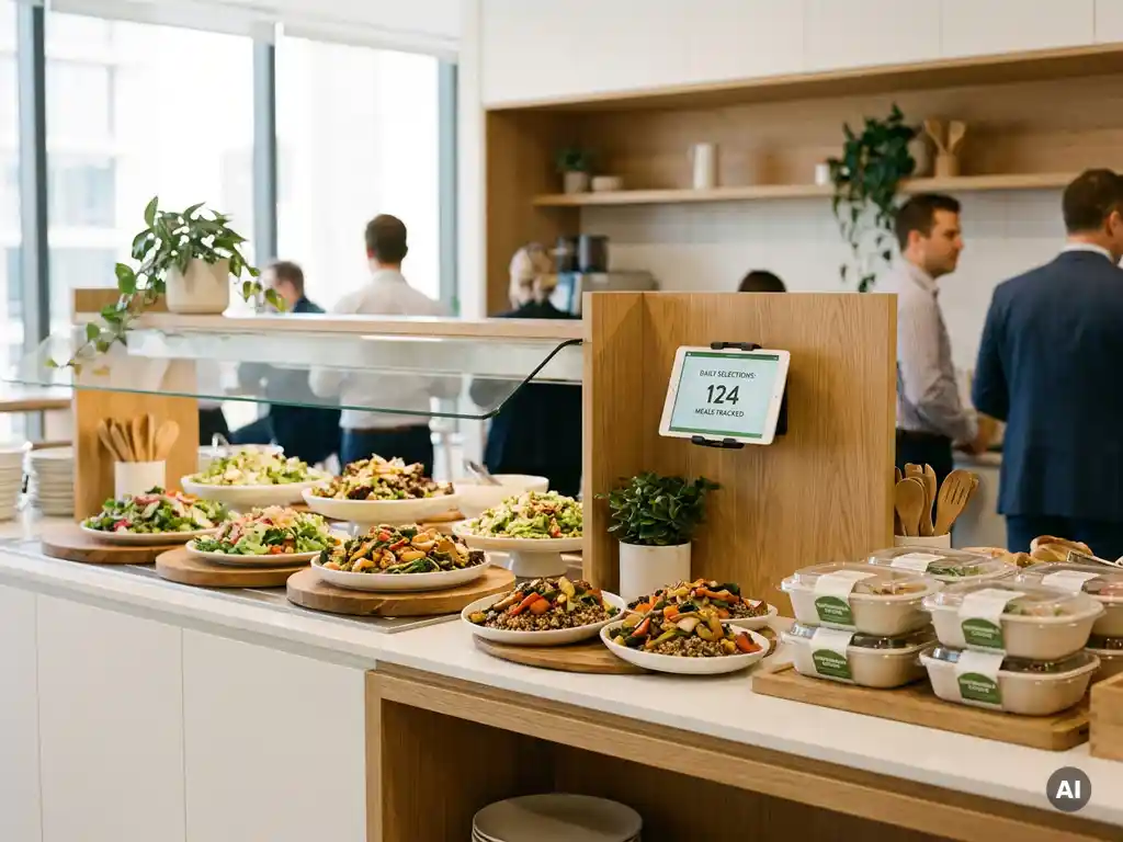 Zelfbedieningskantine met verse salades, graanbowls en duurzame verpakkingen bij een digitaal display, warm natuurlijk licht.