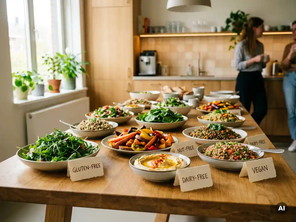 Kleurrijke lunchbuffet met groenten, hummus en graansalades in kleine schaaltjes op een houten tafel in een moderne kantinekeuken.