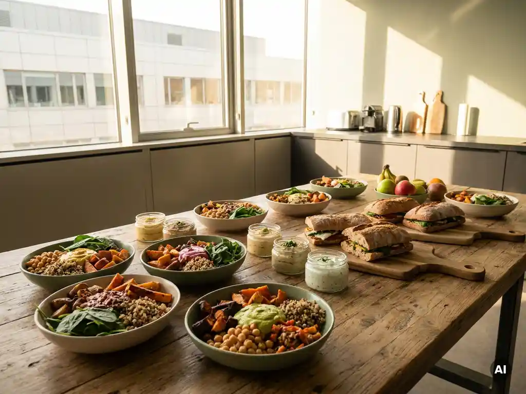 Kleurrijke lunchspread met graanbowls, geroosterde groenten en ambachtelijke sandwiches op een lichte eiken tafel in een modern Nederlands kantoor.