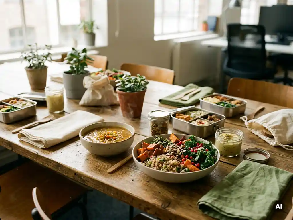 Dampende soep en kleurrijke groente-graansalade op een houten kantinетаfel met herbruikbare lunchboxen en linnen servetten.