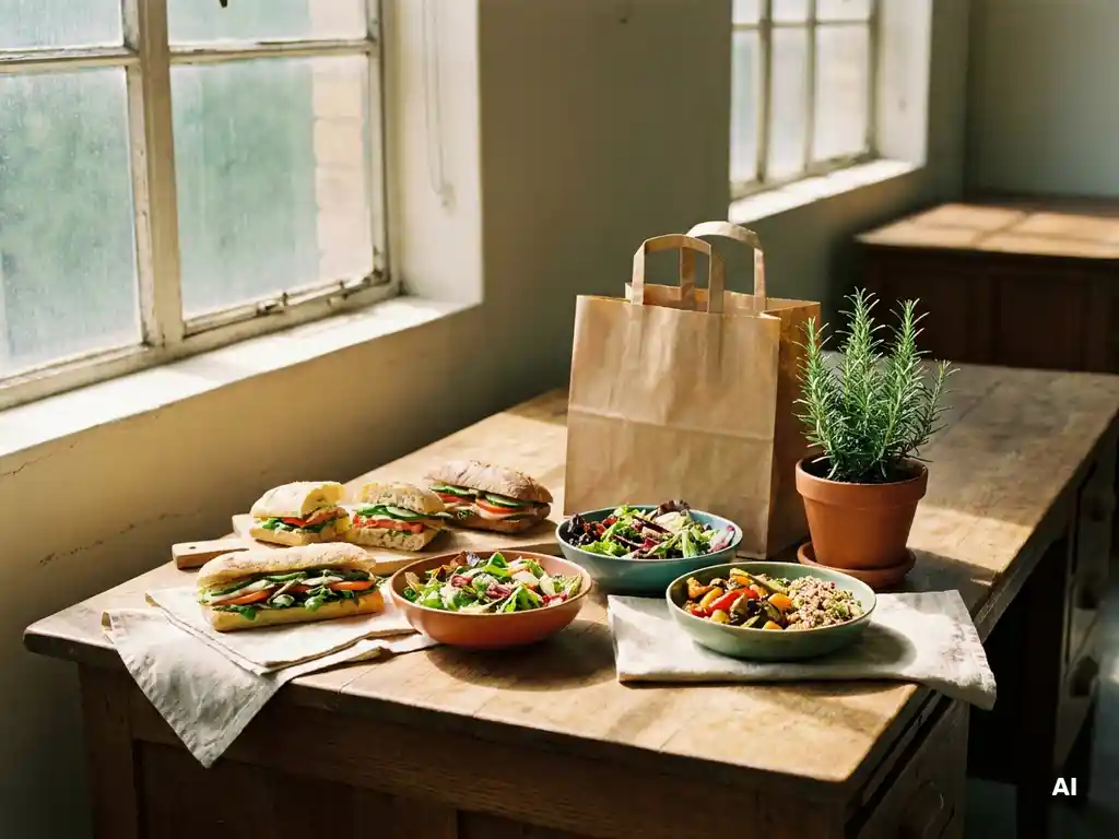 Ambachtelijke sandwiches en kleurrijke salades op een houten bureautafel naast een kraftpapieren tas met klein potplantje.