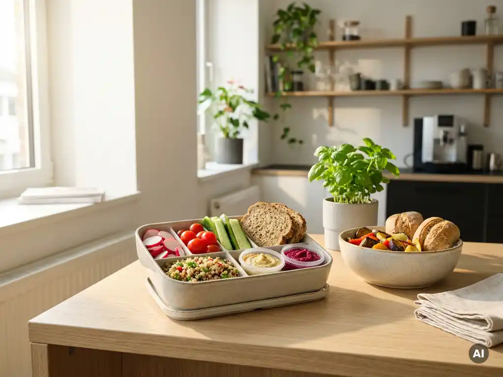 Lunchbox met seizoensgroenten, volkoren brood en kleurrijke dips naast een catering spread op een zonnig modern kantoorkeukenblad.