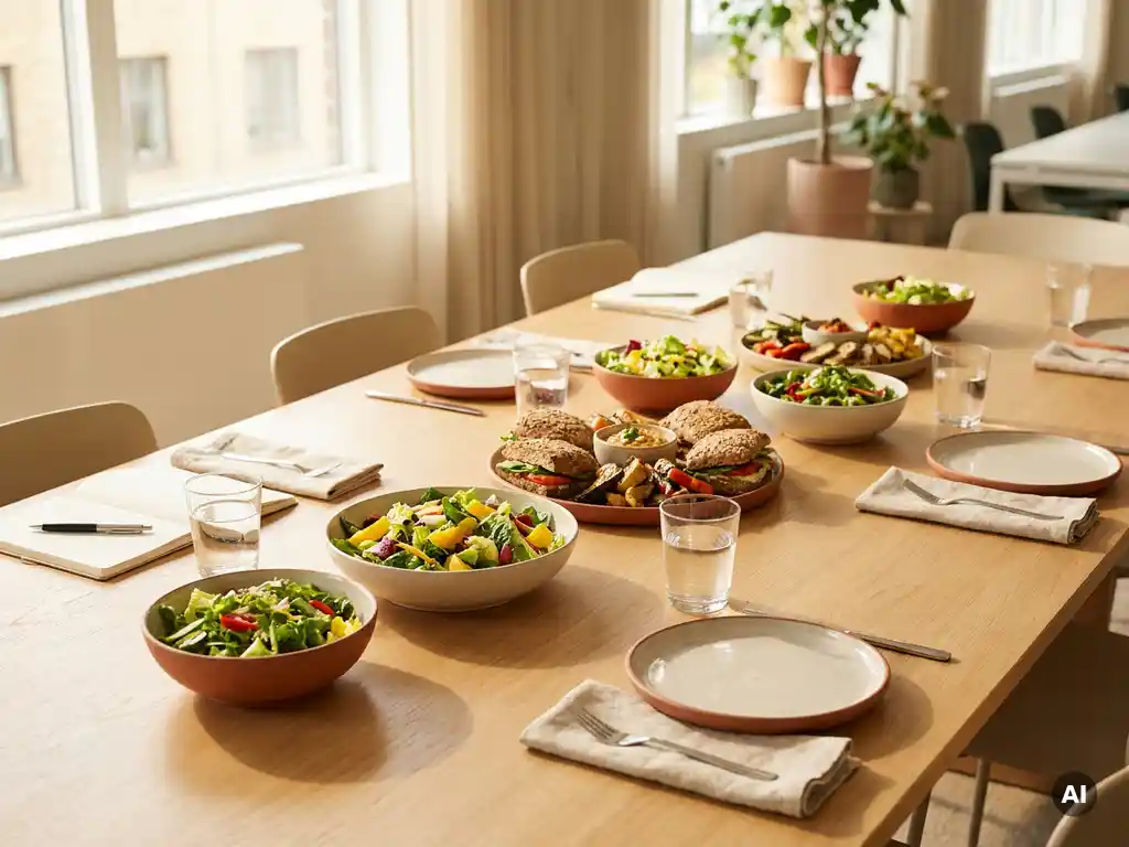 Gezonde vergaderlunch met seizoenssalades, volkoren sandwiches en groentegerechten op een lichte eikenhouten vergadertafel.