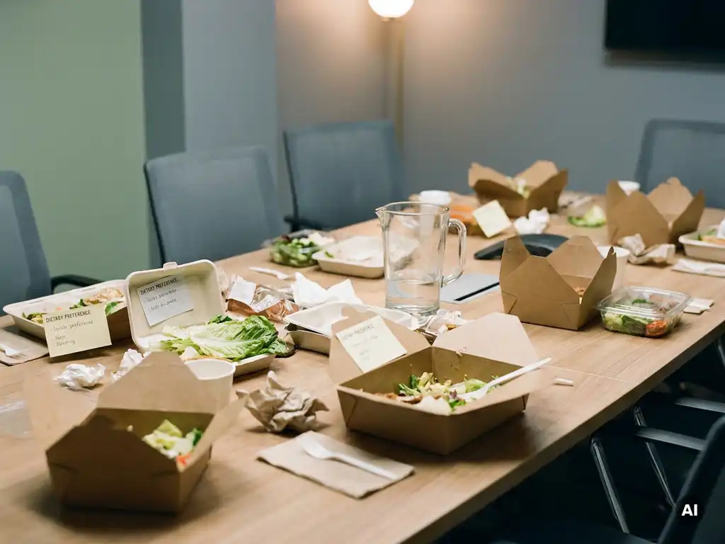 Vergadertafel met verkeerd geportioneerde lunchboxen, verwelkte salades en vergeten dieetkaarten in een grijs kantoor.